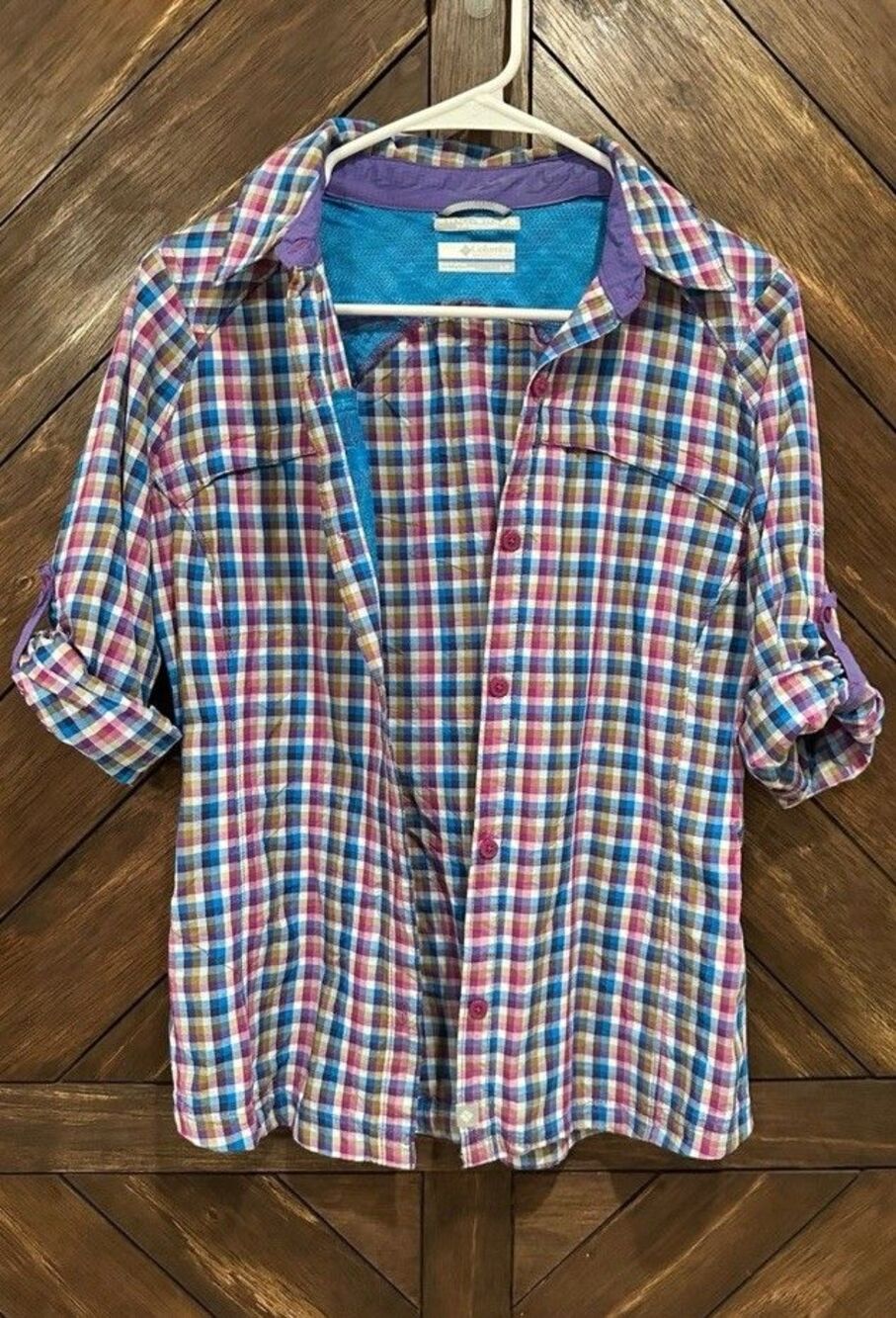 Columbia Omni-Shade UPF 40 Plaid Hiking Shirt Women’s Small Blue Purple Plaid - Picture 5 of 7